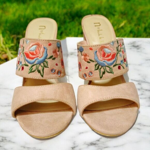 N by Nicole Miller ✦ Embroidered Leah Sandal ✦ Floral Beige Open Toe Chunky Heel - Picture 7 of 13